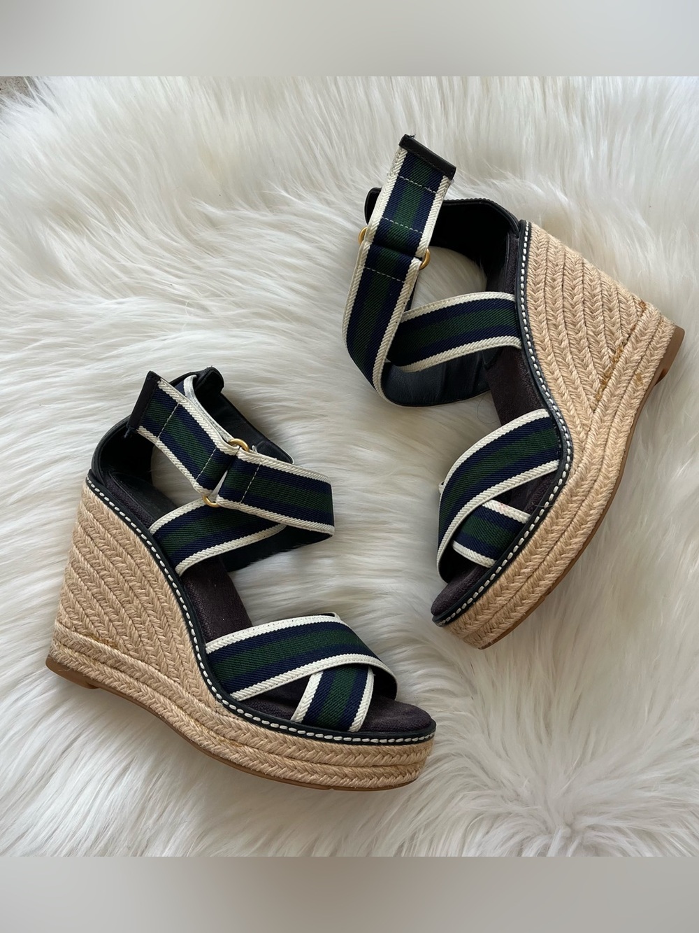 TORY BURCH Striped Strappy Espadrille Wedges Heels sz. 6.5 Minnie Miller